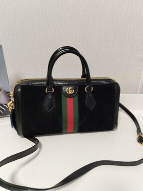 Gucci Black Velvet Top Handle Satchel with Green-Red Stripe